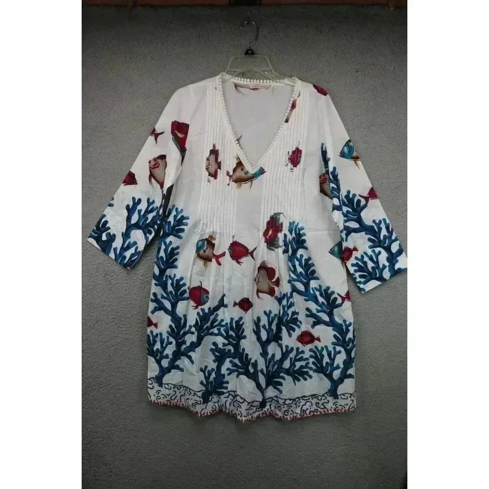 Soft Surroundings Cotton Dress/Cover-Up-Size Small-Beachy-Beaded-Tropical